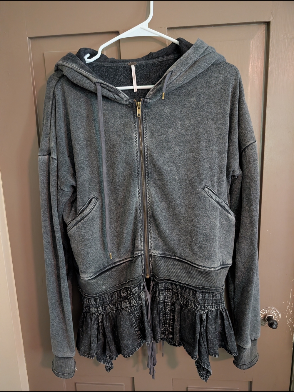 Free People Charcoal Hooded Zip Jacket with Ruffled Hem